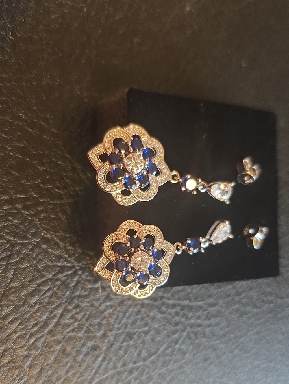 Moissanite Dangle Earrings, Blue & Clear, 18K White Gold Plated 925 Silver